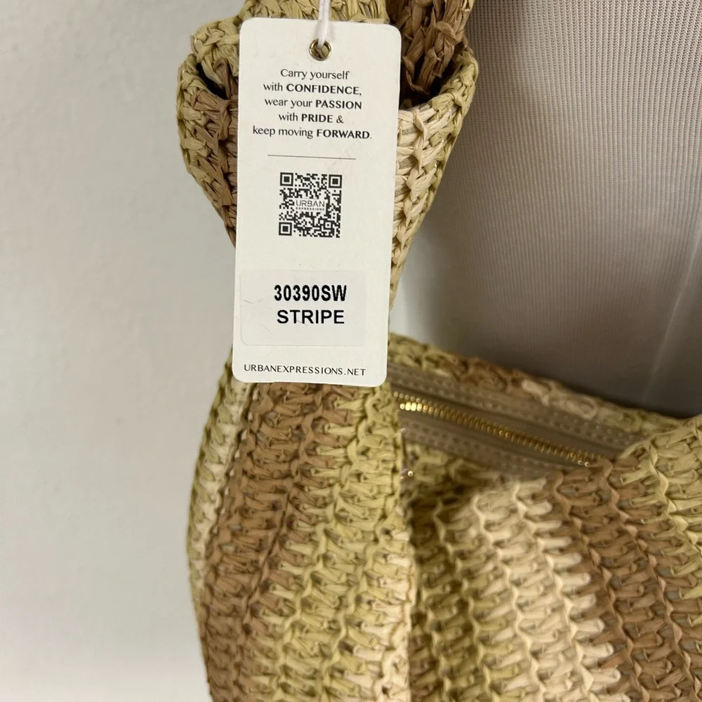 Urban Expressions Woven Slouchy Hobo‎ Bag in Beige and Brown Neutral striped NWT